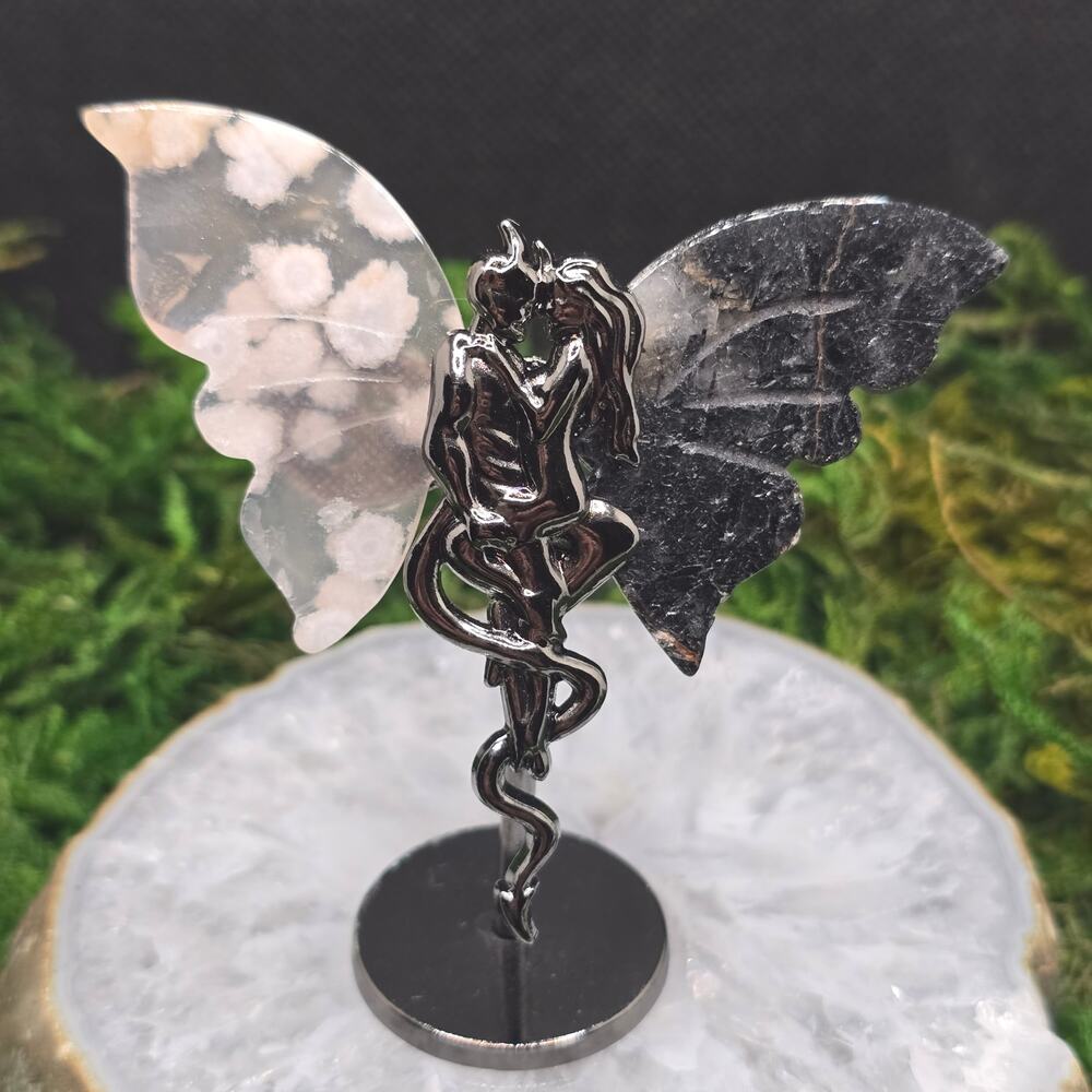 Flower Agate Tourmalinated Quartz Fairy Devil 3" Crystal Wings Figurine